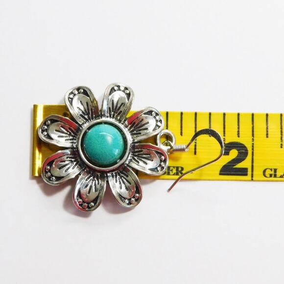 Fashion Silver Green Black Flower with Stone Dangle Earrings - Picture 3 of 3